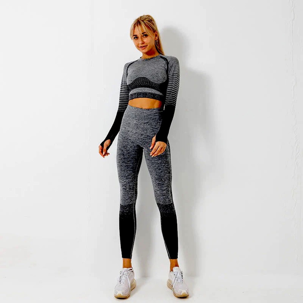 Seamless Striped Thumb Holes Crop Sports Sets..Yoga /Gym /